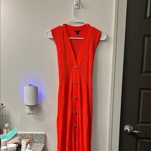 Sleeveless Rib-Knit Button-Front Orange-red Dress